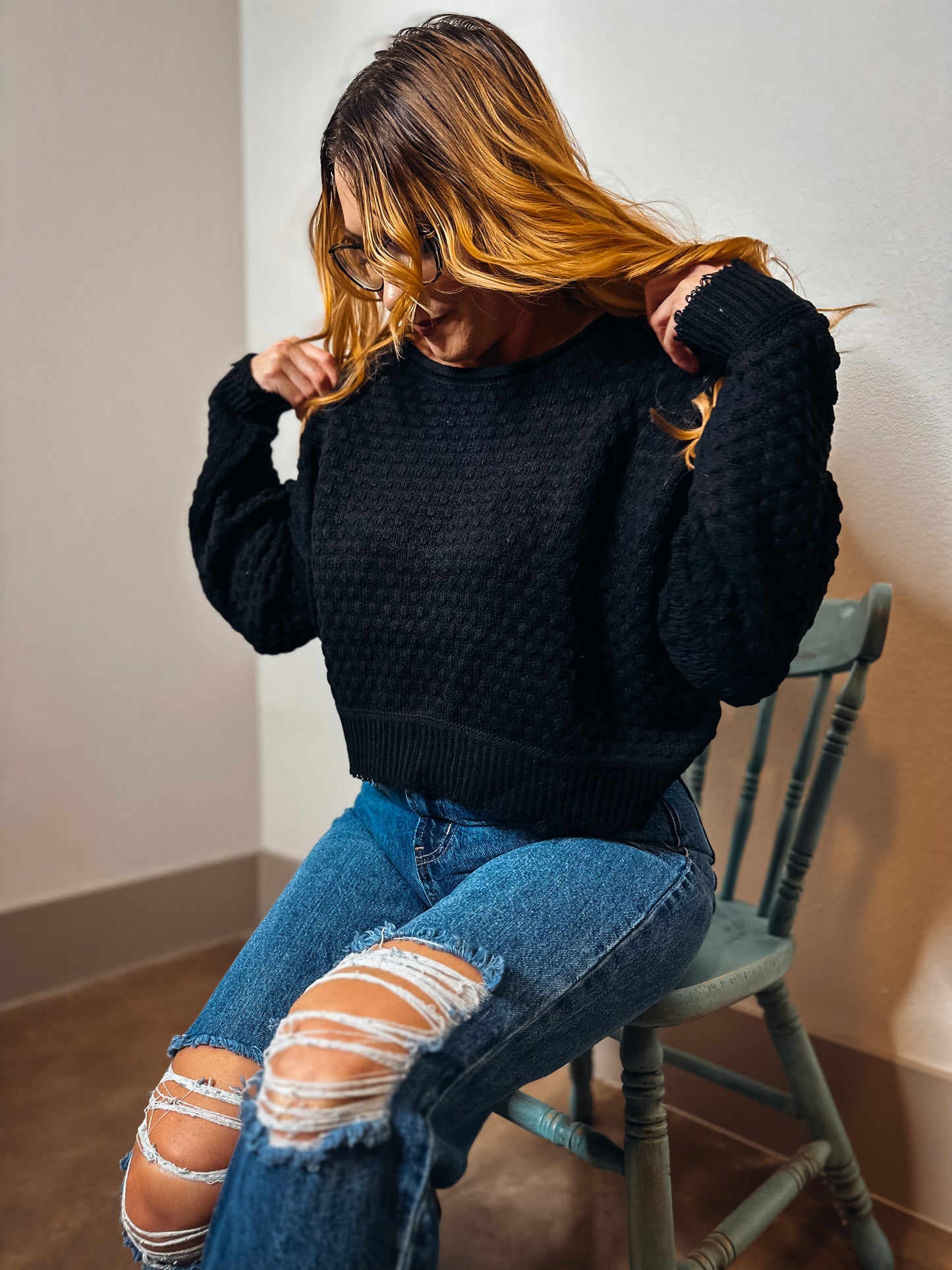 Raven Black Waffle Sweater