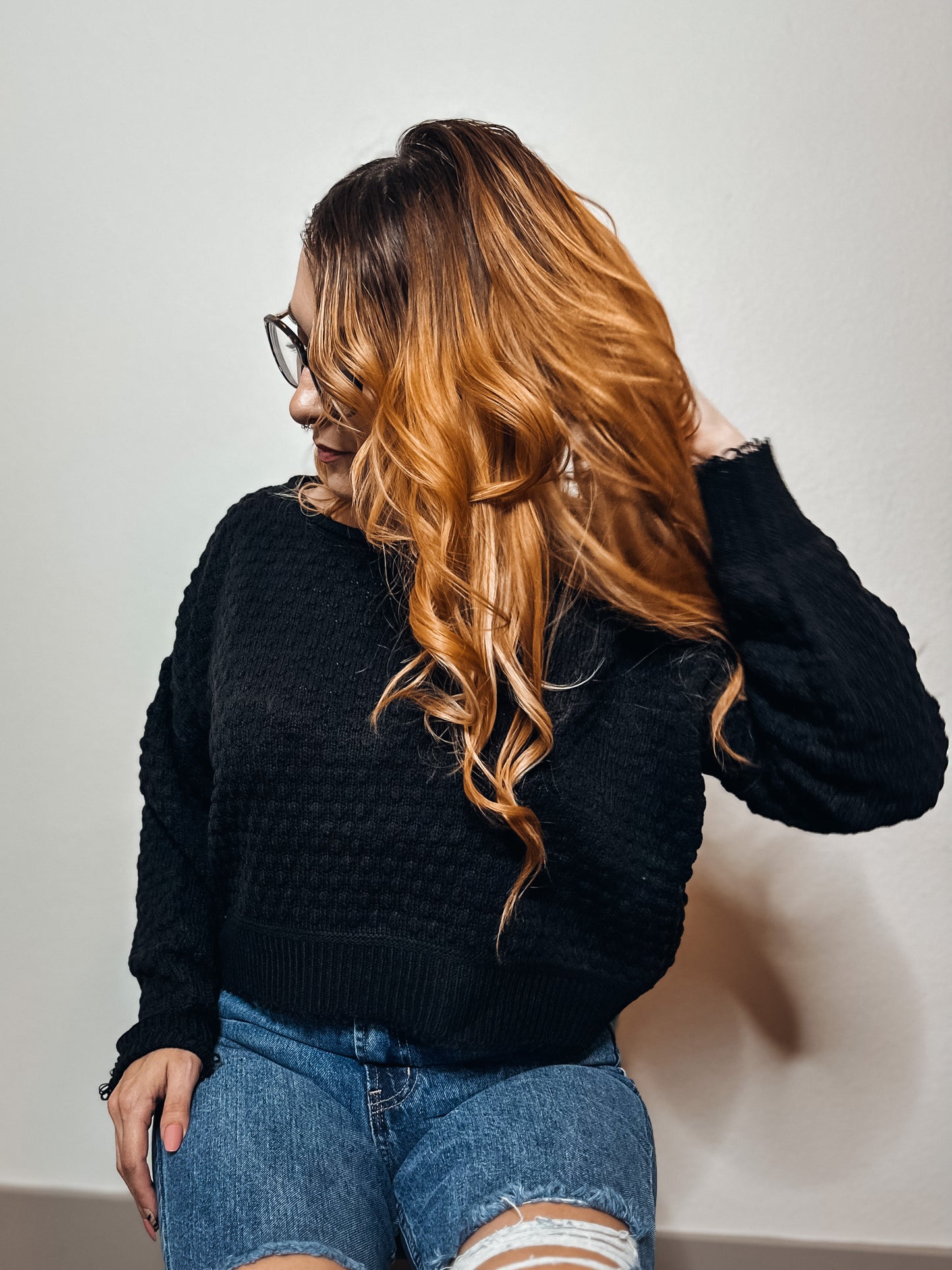 Raven Black Waffle Sweater