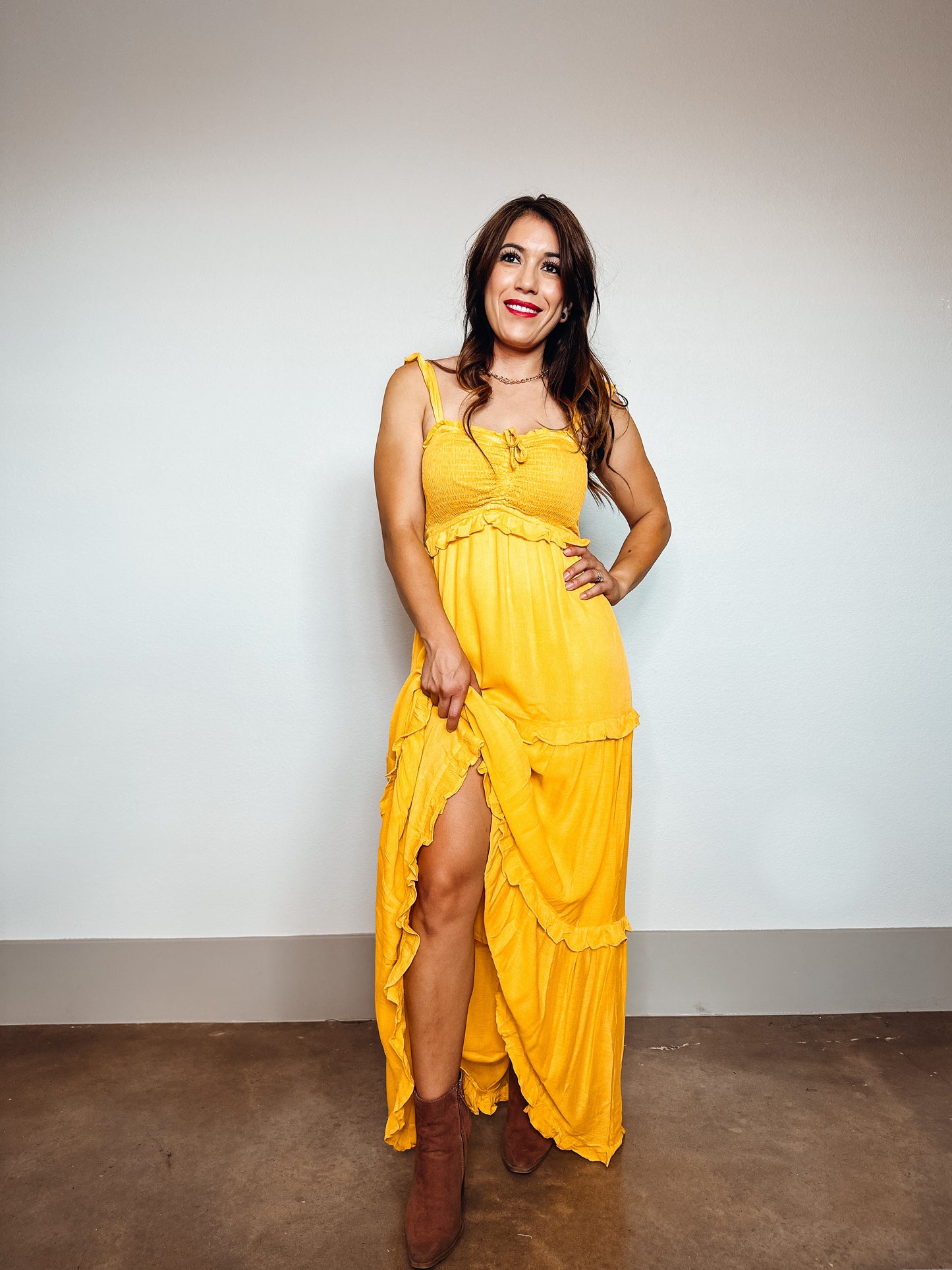 Golden Harvest Ruffle Maxi Dress