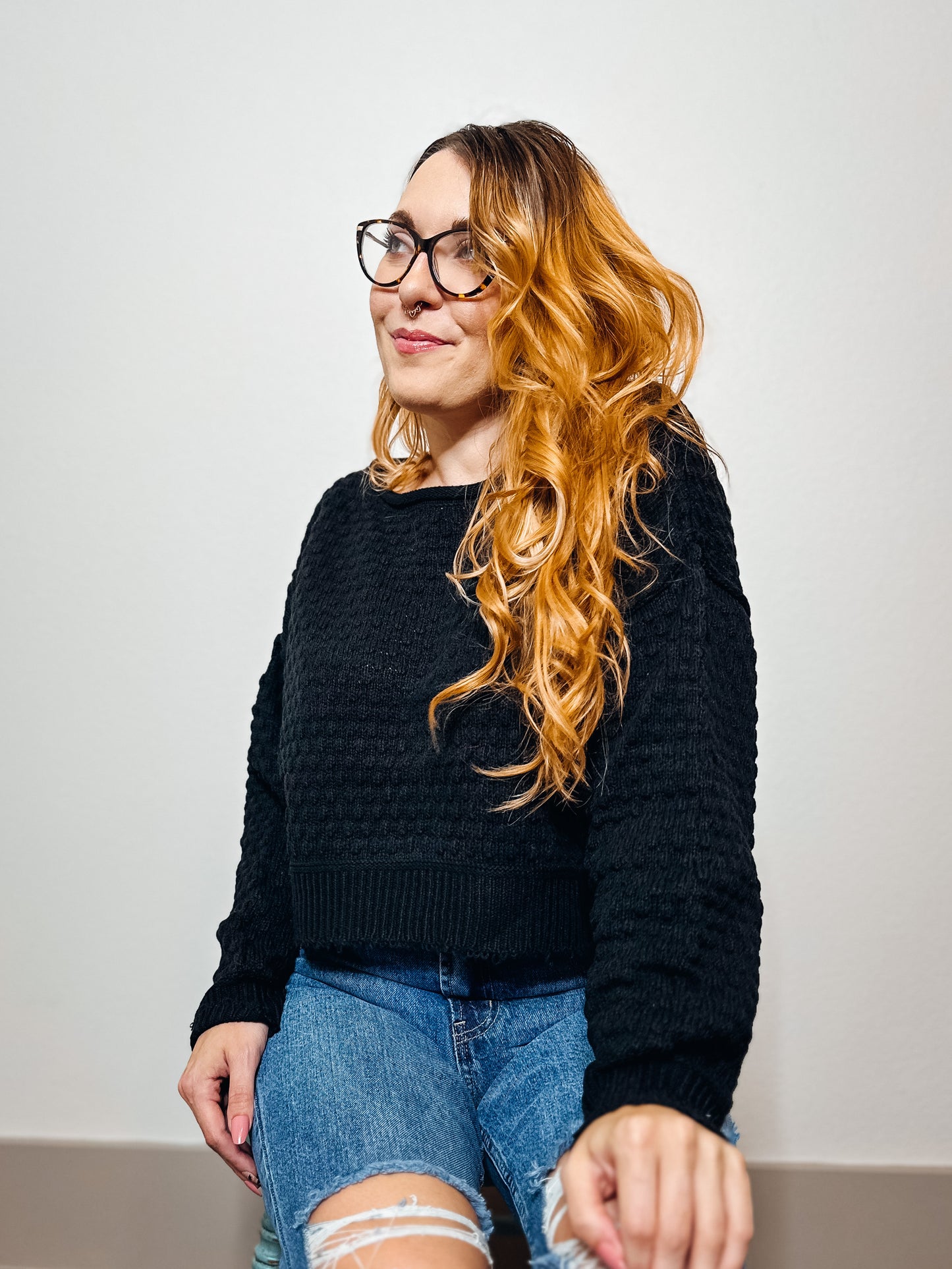 Raven Black Waffle Sweater