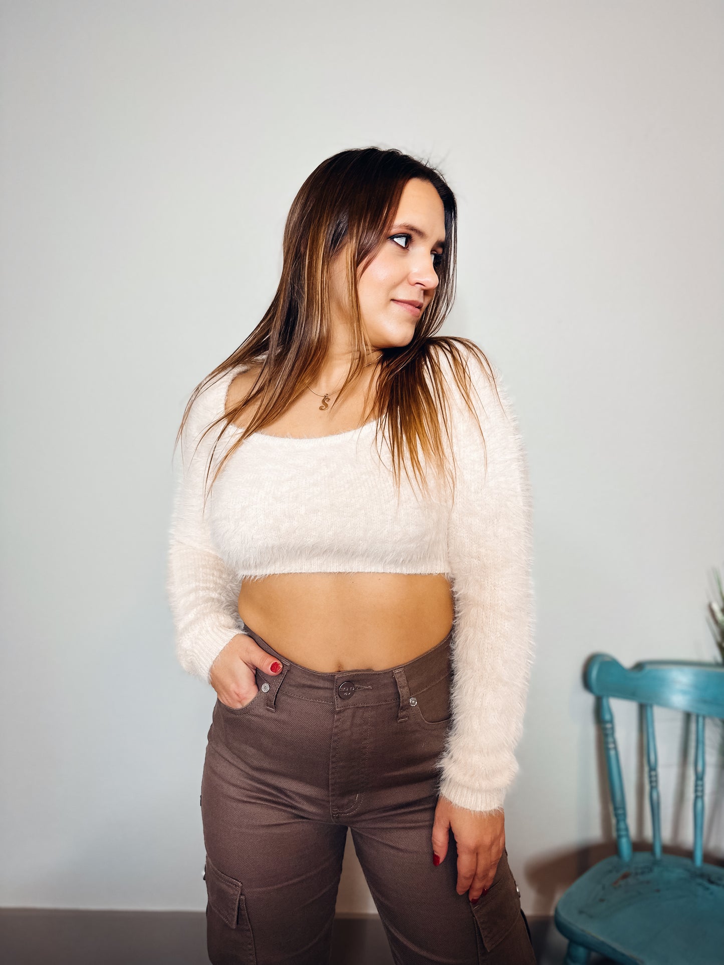 Champagne Fuzzy Knit Cropped Sweater