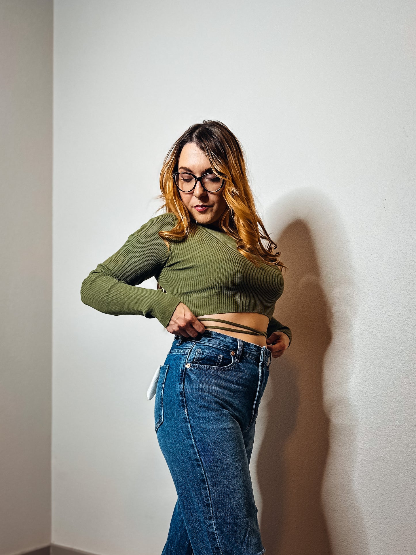Olive Crossed Cropped Sweater