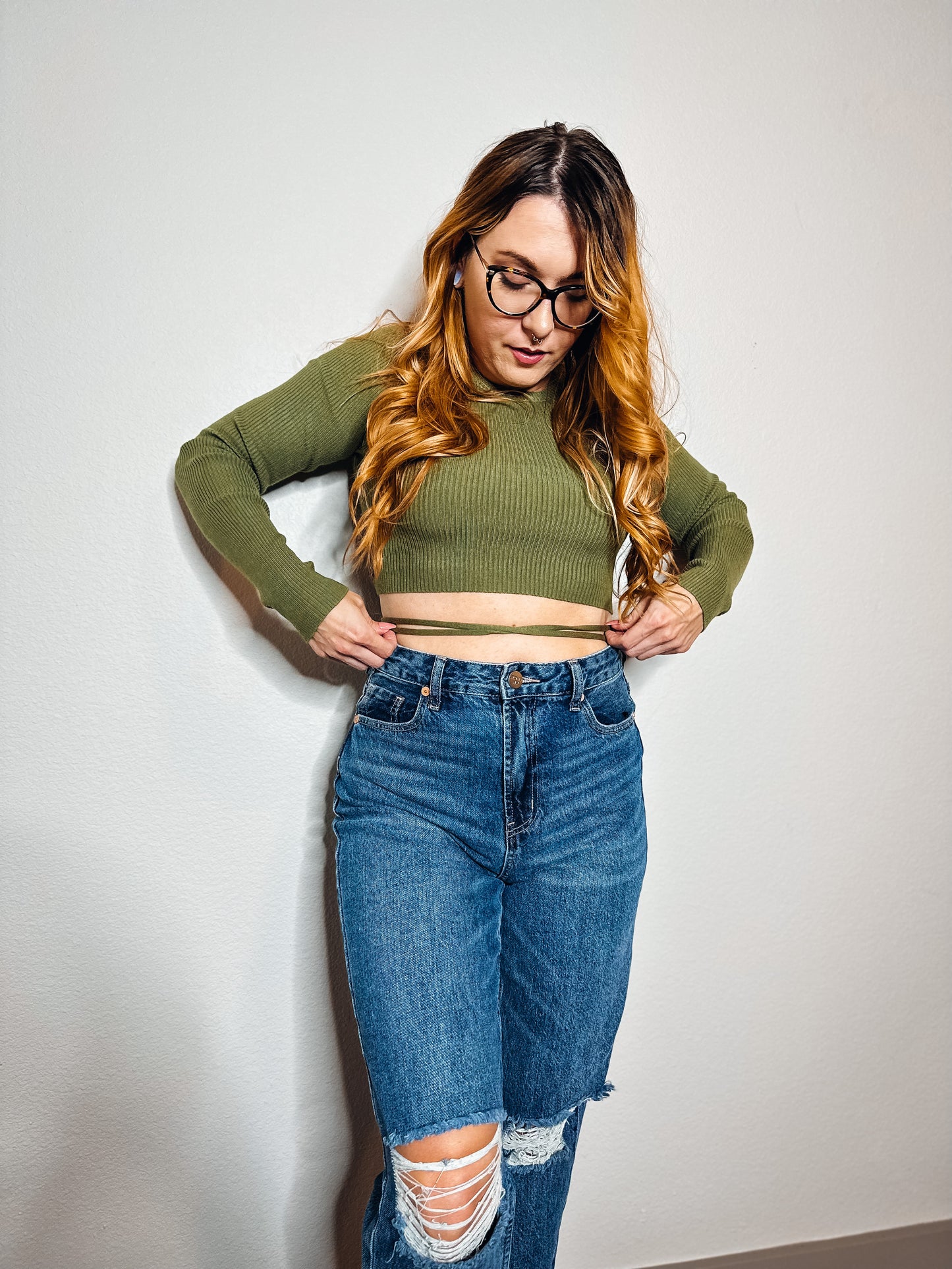 Olive Crossed Cropped Sweater